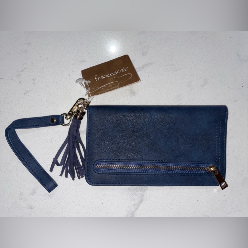 Francesca’s Navy Tassel Wristlet Wallet – NWT – Card Slot, ID Window, Snap Close